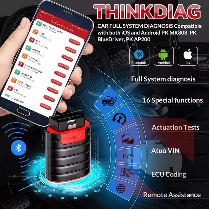 Interface de diagnostic automobile OBD2 THINKDIAG Multimarque Bluetooth 4.2 [Lire et effacer les codes, Programmation ECU, OBD Scanner]